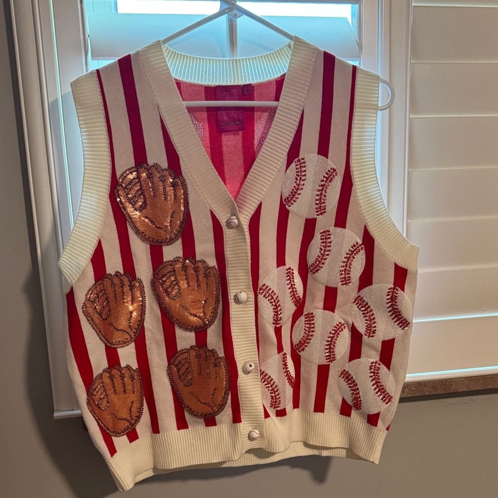 Red and Cream Striped baseball Knit Vest w/ sequins. New in bag.